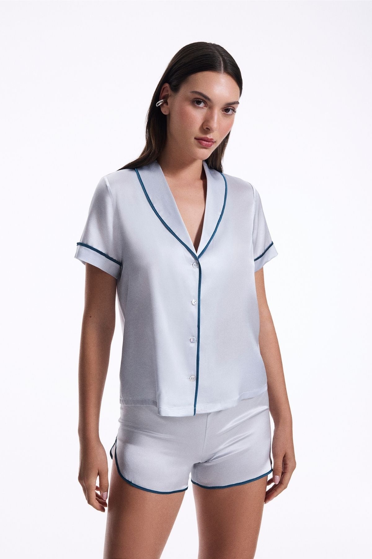 İpek Şort Pijama Takım Buz Mavisi Bebek Mavisi