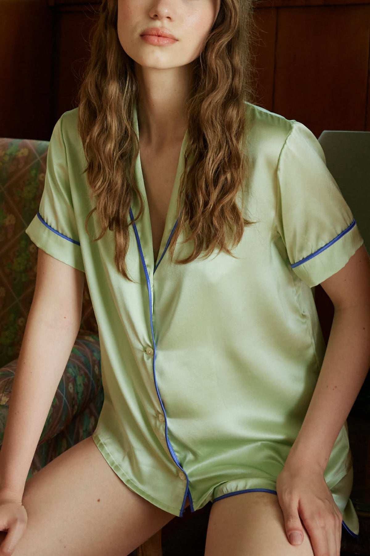 Kişiselleştirilebilir İpek Şort Pijama Takımı Su Yeşili
