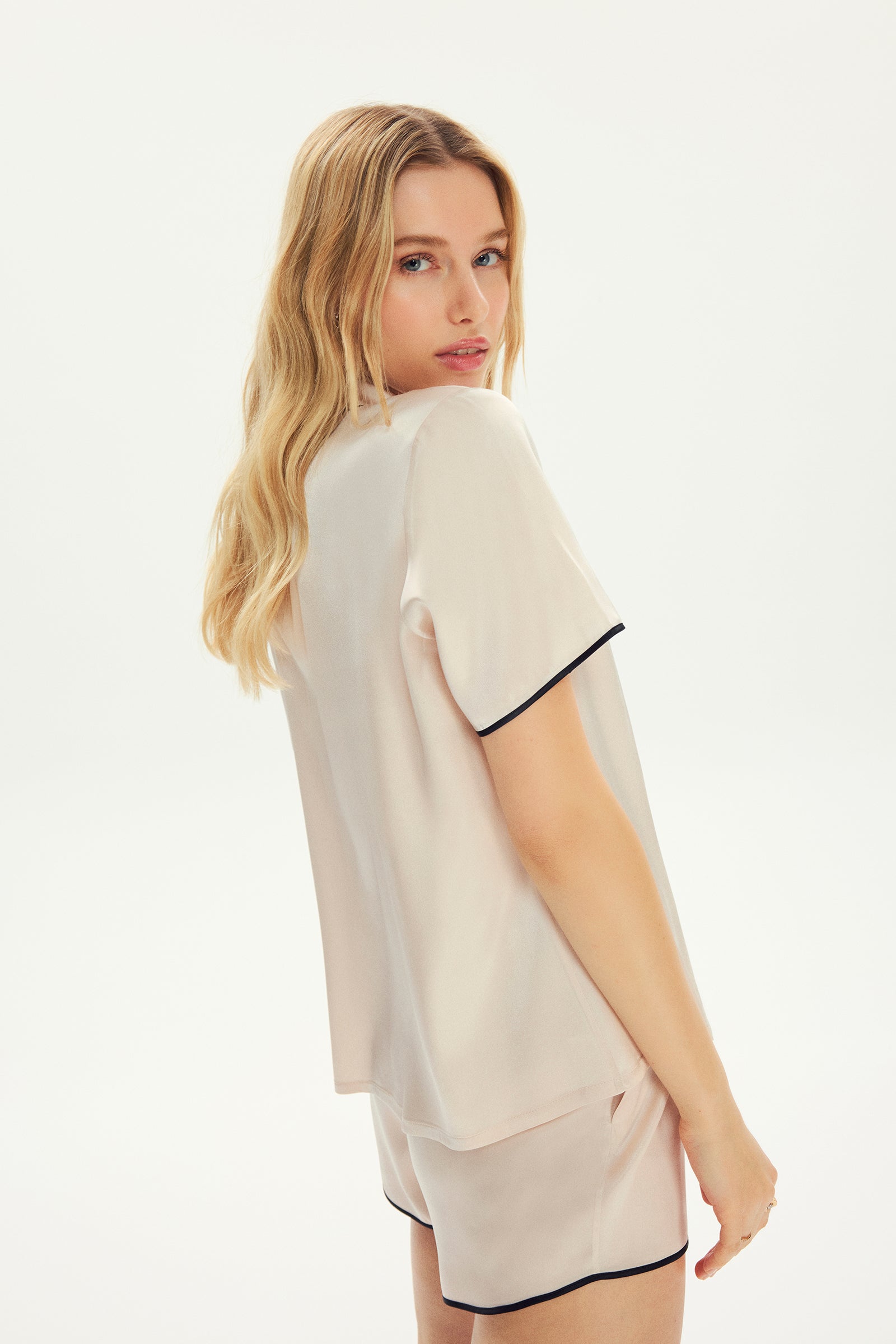 Customizable Silk Piping Shorts Set Champagne