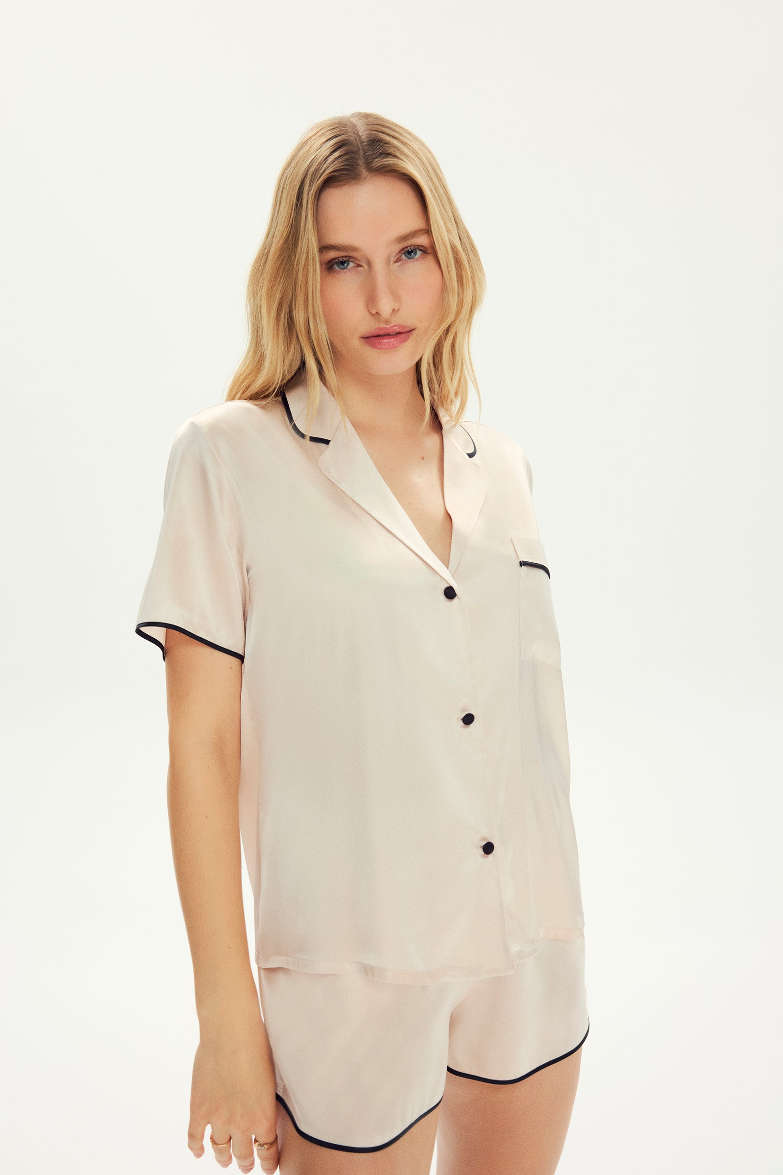 Customizable Silk Piping Shorts Set Champagne