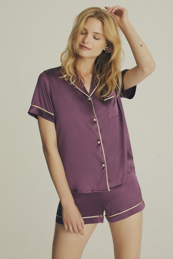 İpek Şort Pijama Takımı Mürdüm